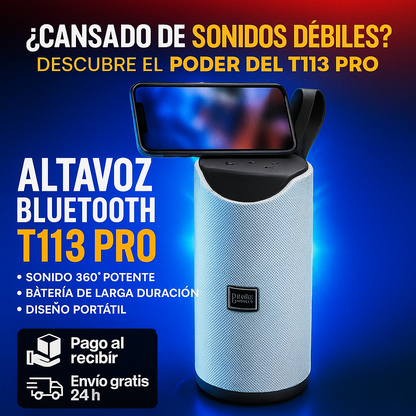 Altoparlante Bluetooth T113 PRO 10W + Regalo — Suono a 360°, Batteria da 4 Ore e Supporto mobile