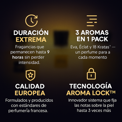 PIDE 1 Y LLÉVATE 3 PERFUMES - EVA • ECLAT • 18 KRATS