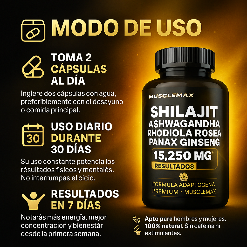 Shilajit + Ashwagandha + Rhodiola Rosea + Panax Ginseng – Suplemento Natural Energizante 60 Cápsulas