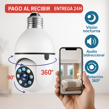Cámara de Seguridad WiFi 360° en Bombilla con Visión Nocturna y Audio Bidireccional