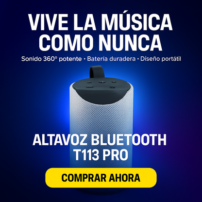 Altoparlante Bluetooth T113 PRO 10W + Regalo — Suono a 360°, Batteria da 4 Ore e Supporto mobile
